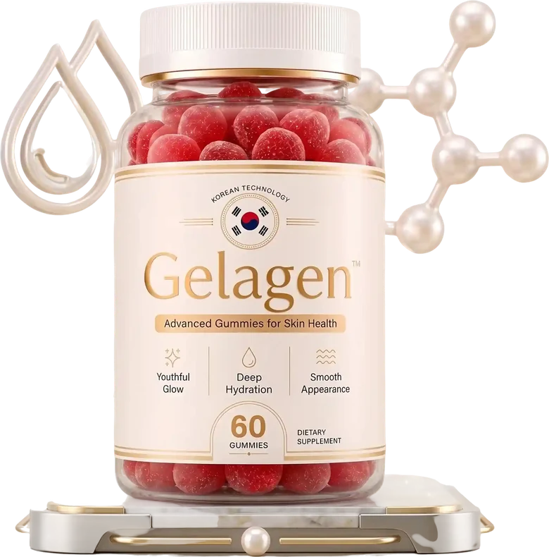 A bottle of Gelagen skin gummies